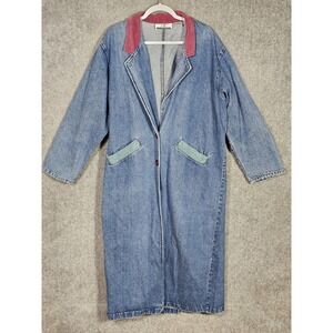 Vintage Accordeon Denim Duster Jacket Womens Size Large Blue Cotton Coat Pockets